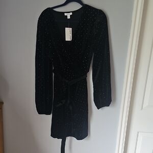 Nine West Black Cocktail Dress with Wrap Tie and Bishop Sleeves